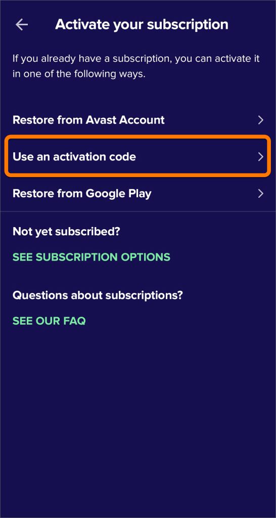 tap Use an activation code to activate Avast