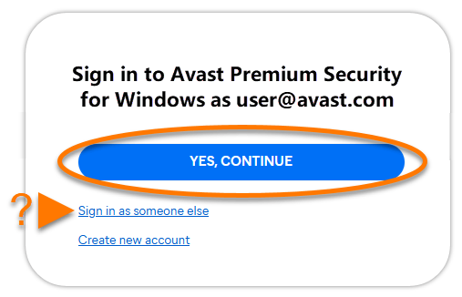 Click Yes, Continue button to sign in with Avast account