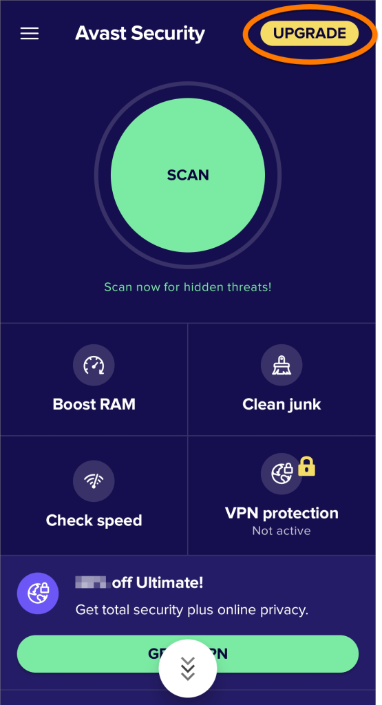 Open Avast security and tap the Upgrade button