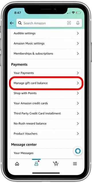 select the Manage Gift card balance