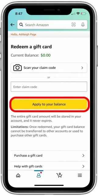 Hit the Apply to your balance button to activate your amazon gift card