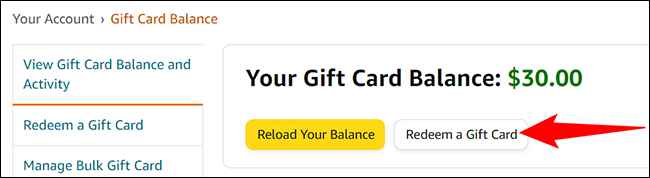 Redeem a Gift Card button to activate amazon gift card 
