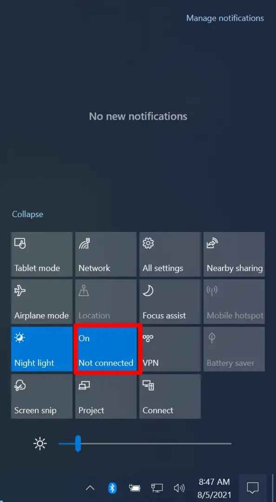 click the tile to activate Bluetooth on Windows 10