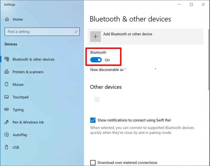 swipe the toggle to activate Bluetooth on Windows 10