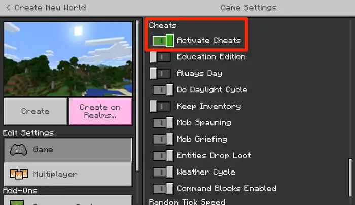 swipe the toggle to Activate Cheats in Minecraft 