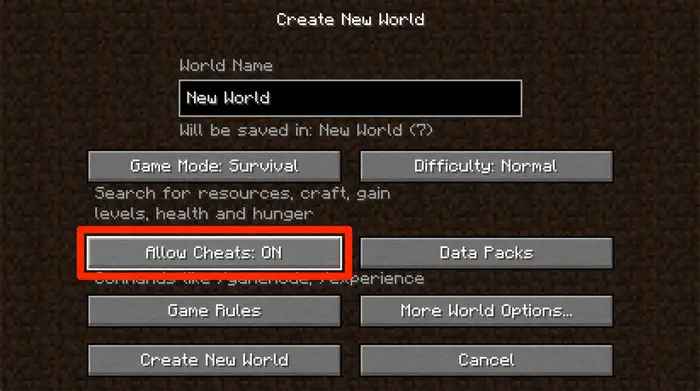 click Allow cheats on to Activate Cheats in Minecraft 