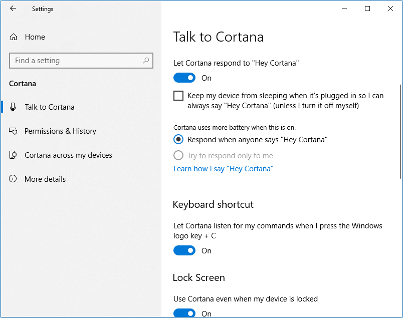 swipe the toggle under Hey Cortana to activate Cortana on Windows 10