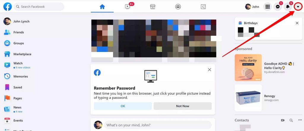 click on the drop-down arrow icon to activate dark mode on Facebook 