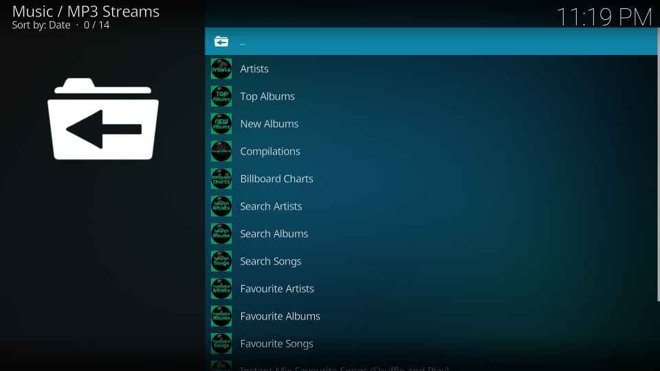 Select any section on MP3 Stream Kodi addon