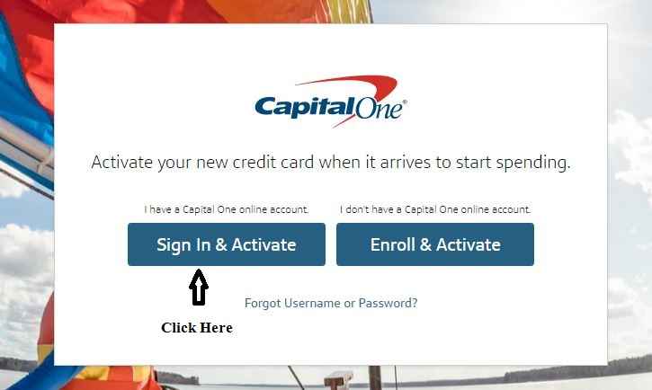 click sign in and activate to activate Capital One account