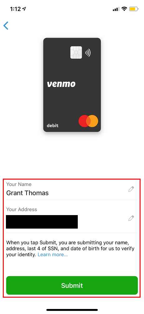 click submit button to activate Venmo card