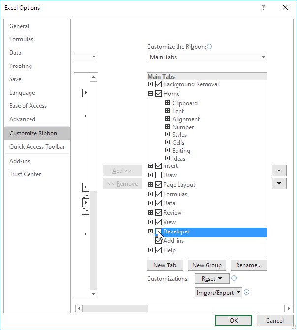 select Developer under main tabs