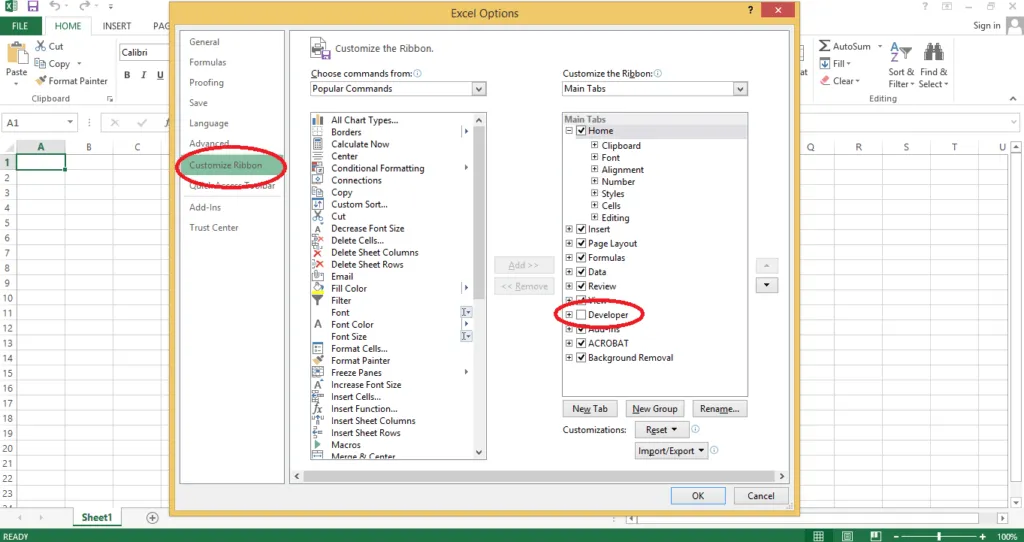 select customize ribbon under excel options to activate developer tab in excel