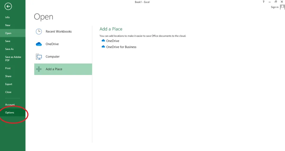 tap the Options tab to activate developer tab in excel