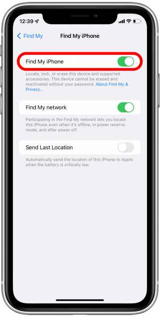 swipe the toggle to activate Find My iPhone