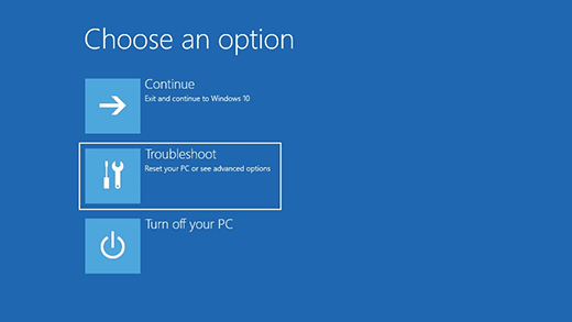 select Troubleshoot to activate safe mode in Windows 10