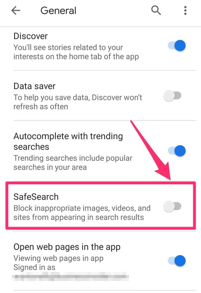 swipe the toggle to activate Safe Search