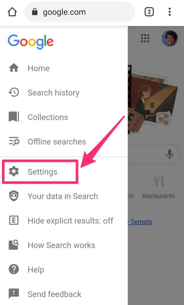 select Settings from the menu to Activate Safe Search