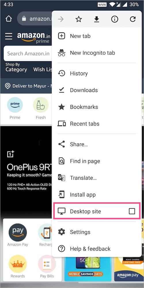 select Desktop site to Archive Amazon Orders on Android 