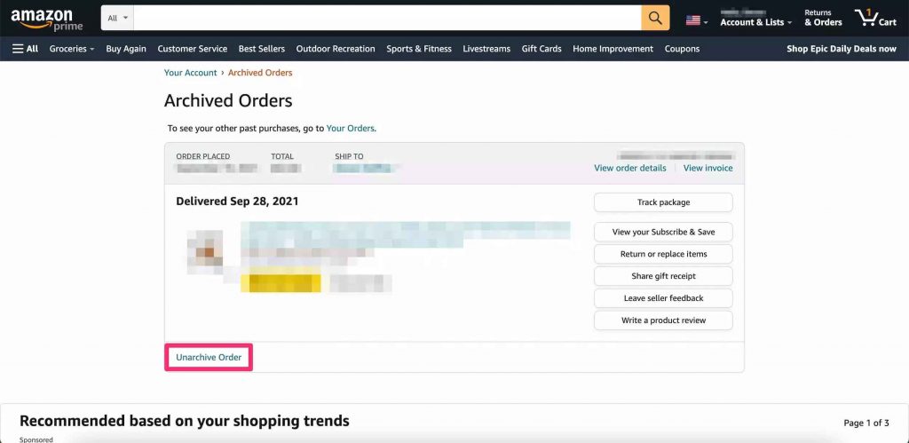 click unarchive button to unarchive Amazon orders
