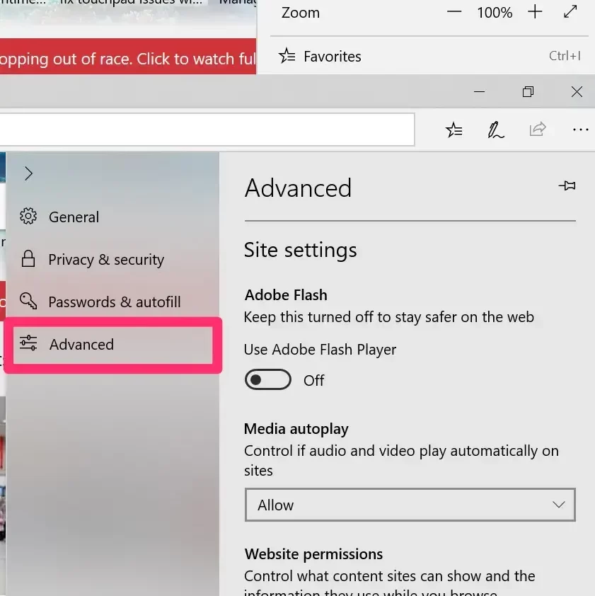 Advanced Settings option to activate Adobe Flash