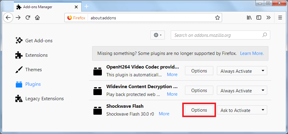 Shockwave Flash option on Firefox
