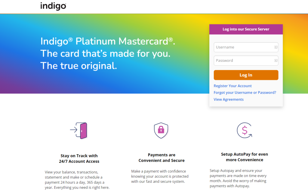 Homepage of the official Indigo Card