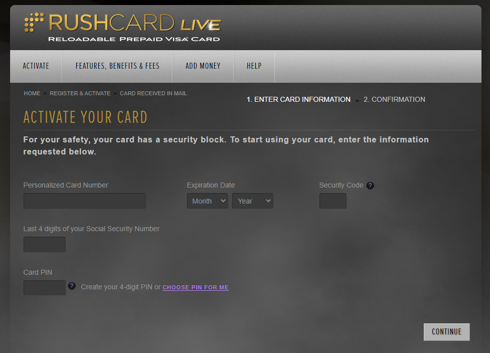 RushCard activation site