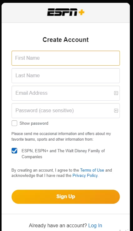 Tap Sign Up to create ESPN account