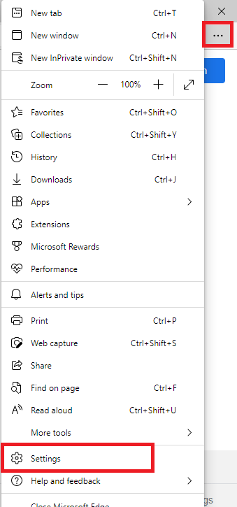 Settings option in Microsoft Edge