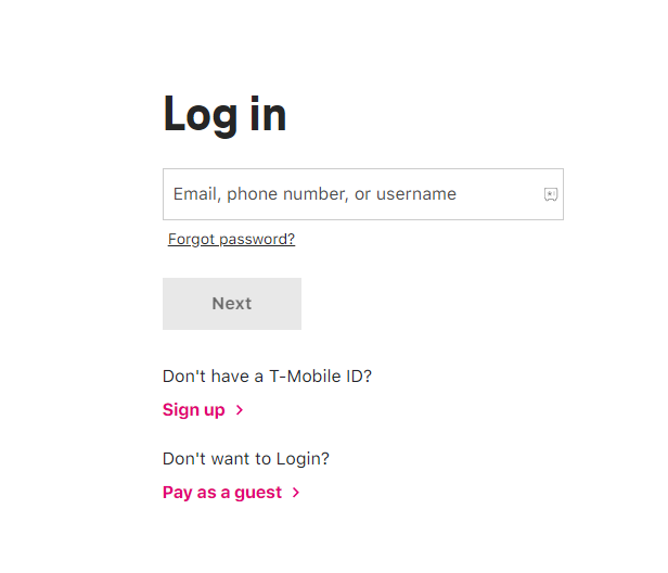 Login Page of the T-Mobile website
