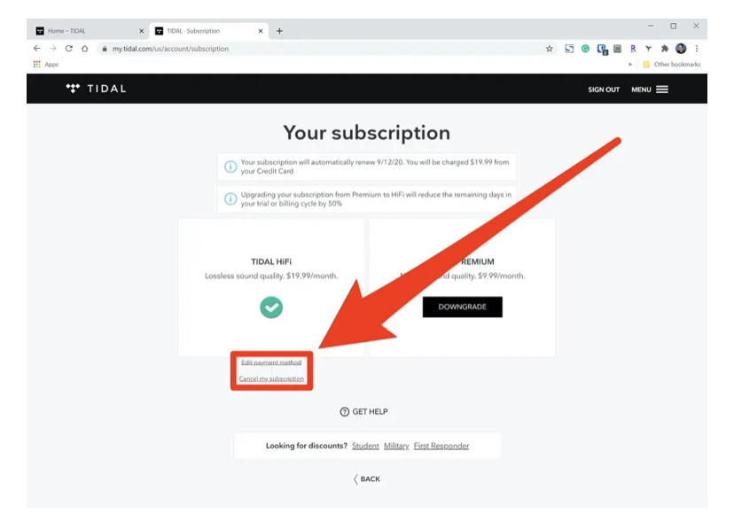 Click the Cancel my Subscription option to Cancel Tidal Subscription