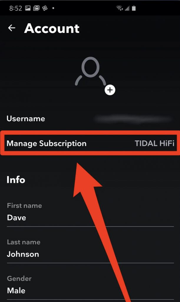 Click your Account icon to Cancel Tidal Subscription