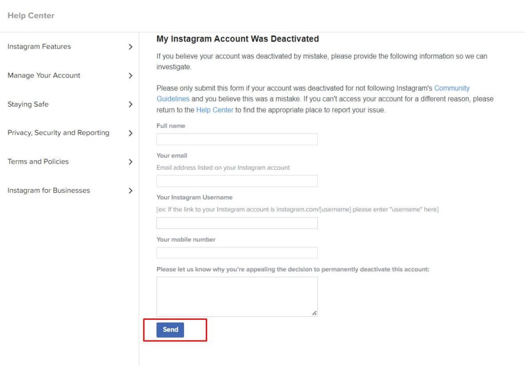 reactivate Instagram account using appeal form