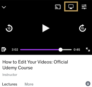 Click the AirPlay icon to stream Udemy on Apple TV
