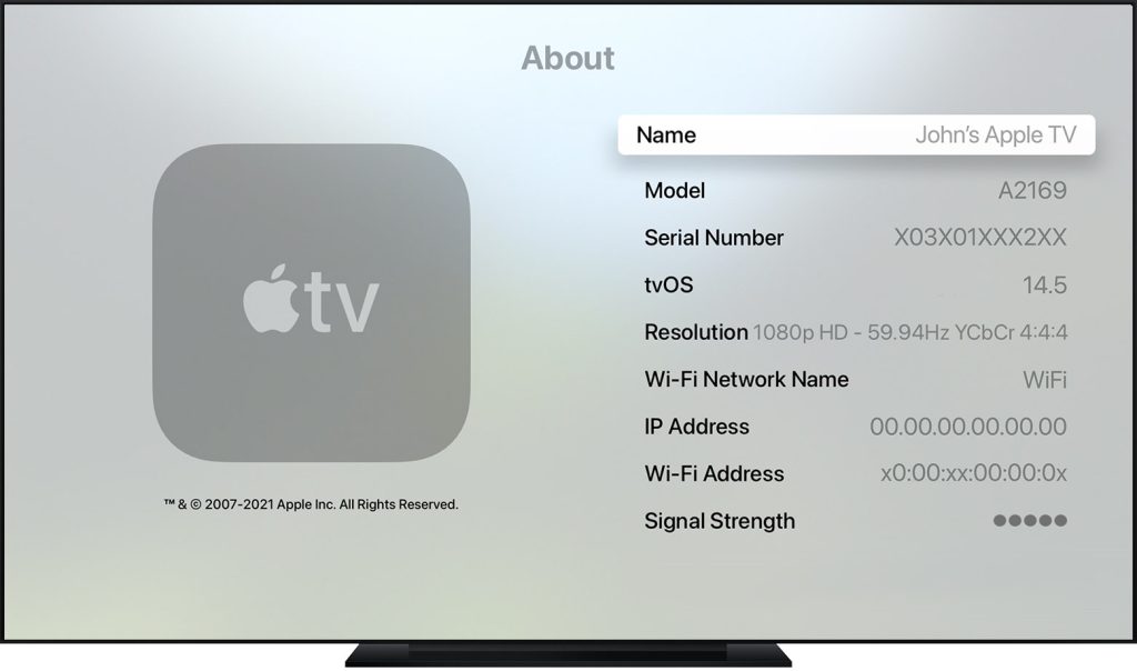About option on Apple TV Settings