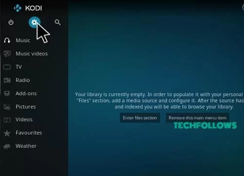 Open the Kodi app and click the Settings icon