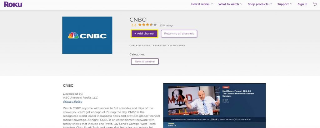 Click Add channel button to add CNBC on Roku