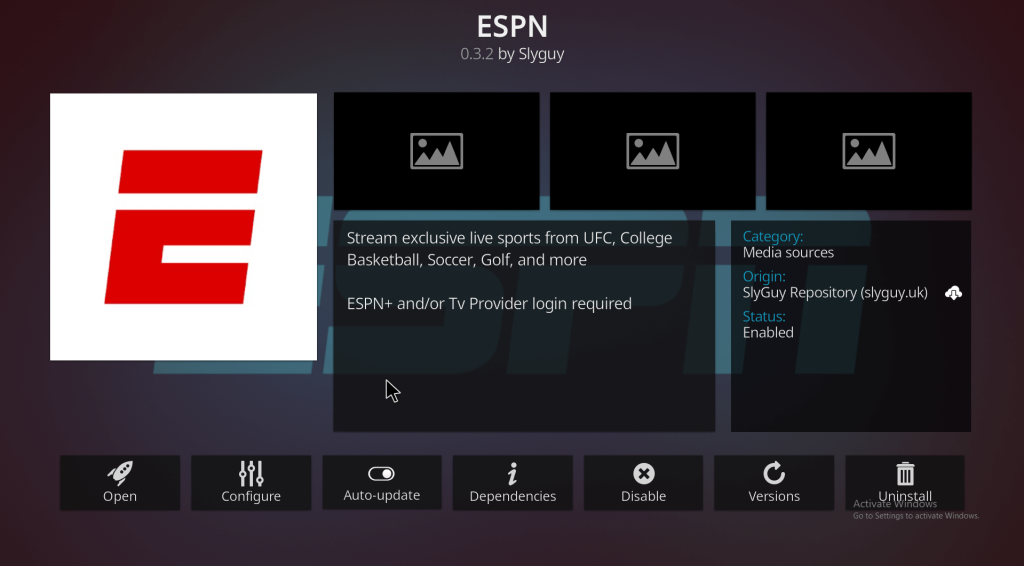 Click Open to launch the ESPN Addon