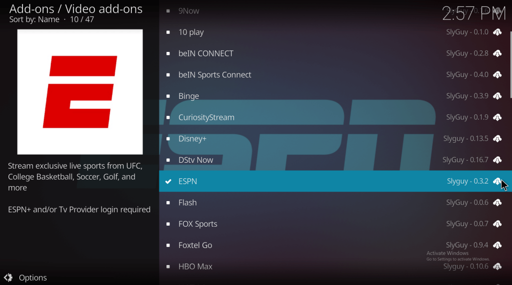Select and install ESPN on Kodi