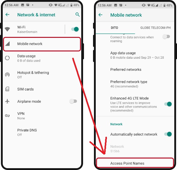 Select Access Point Names under Mobile network to activate DITO SIM 