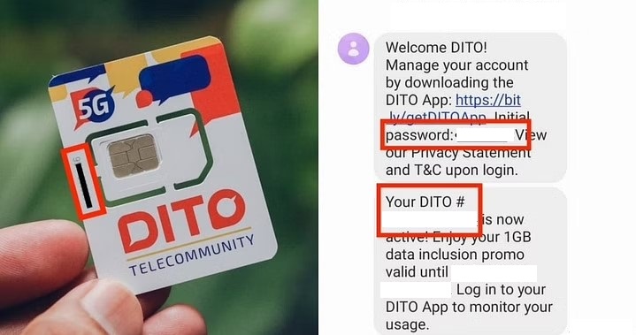 The DITO phone number and password on the welcome SMS