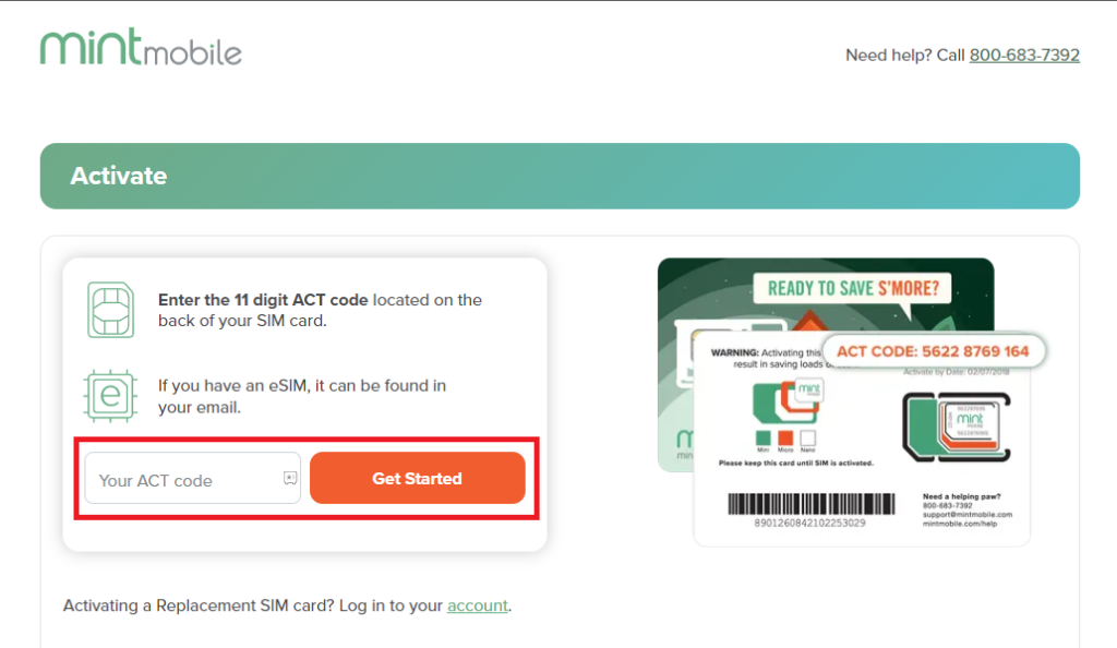 Enter ACT code on Mint Mobile activation site