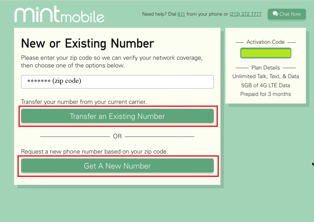 Enter Zip Code and choose Transfer an Existing Number or Get a New Number