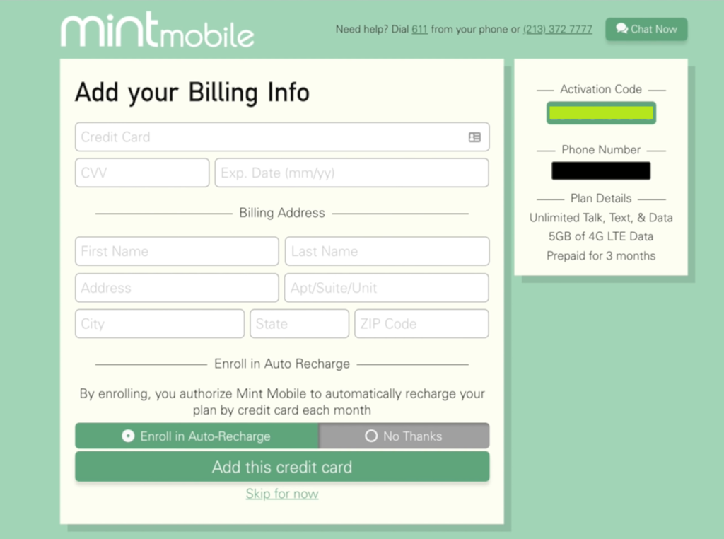 Add your Billing information to activate your Mint Mobile service
