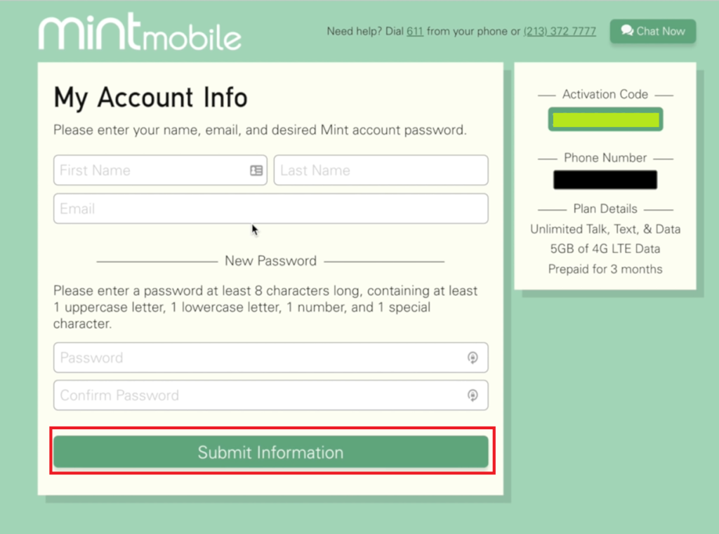 Enter your Account information to create an account on Mint Mobile 