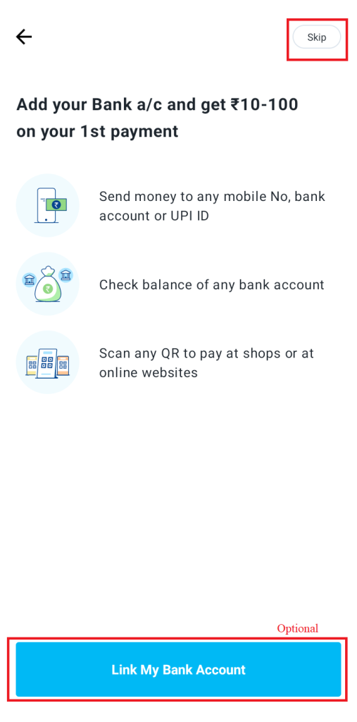 You can link bank account or else skip the process on Paytm
