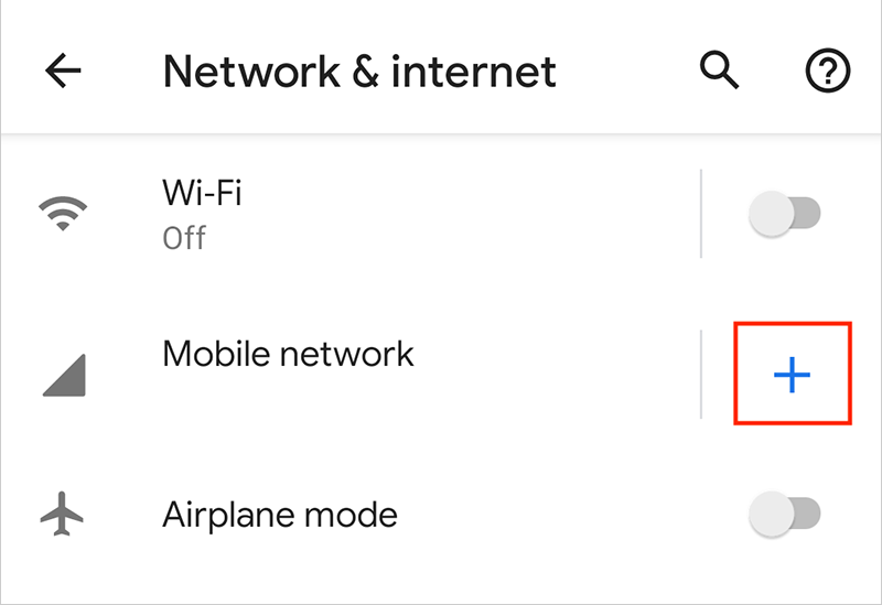 Click the + icon to add Mobile network on android