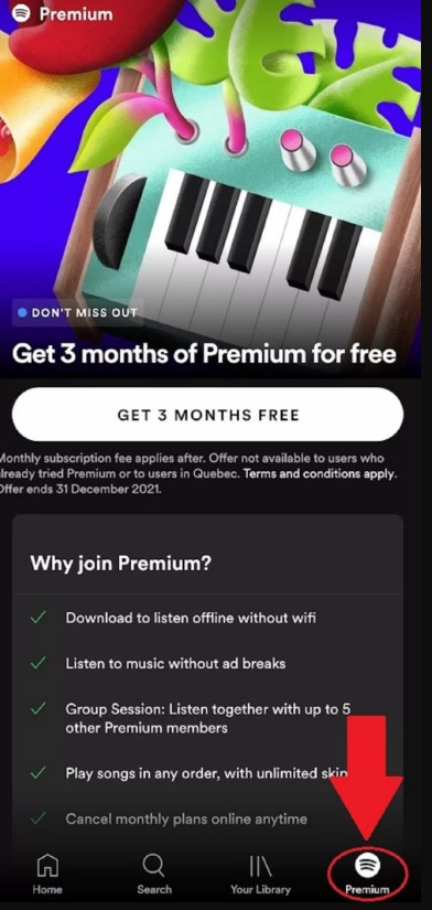 Premium option on Spotify