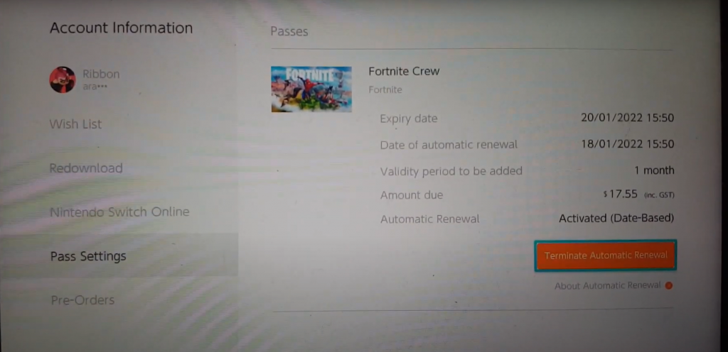 Click on Terminate Automatic Renewal to Cancel Fortnite Crew